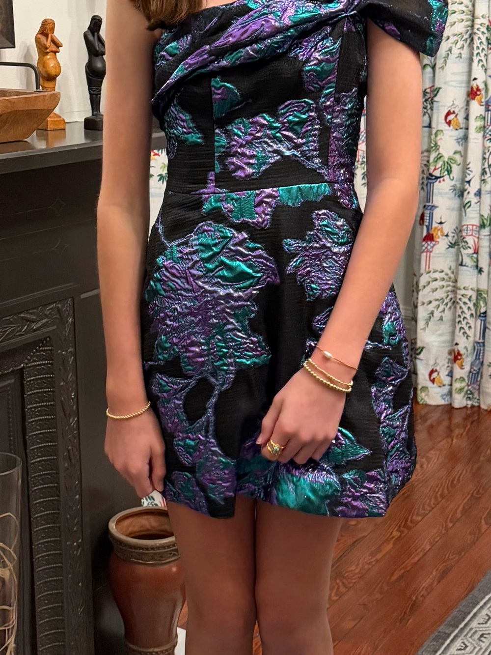 Dress the Population Black Mini Dress with Iridescent Purple & Teal Floral